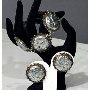 Vintage Bracelet Clip On Earrings Set Silver Tone Dome Metallic Artsy Gold Tone